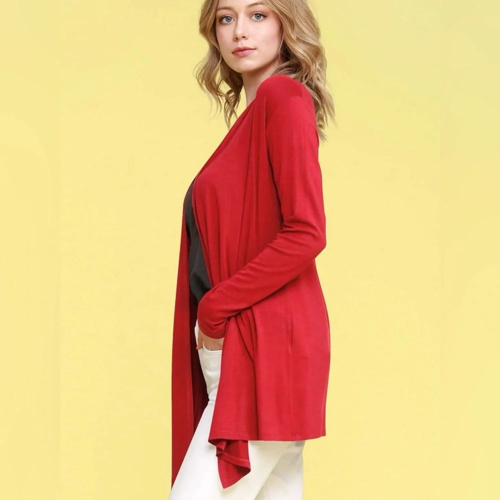 Draped Front Open Cardigan Casual Long Sleeve Lightweight Cardigan -red